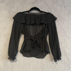 Majorelle Blouse Womens XS Black Sheer Swiss Dot Long Sleeve Ruffle Peplum Top